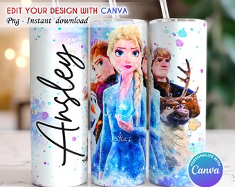 Personalized Princess Tumbler 20oz, Cutsom Name Princess Tumbler, Cartoon Tumbler Wrap, Png Sublimation Desig,Canva Editable,Canva Template