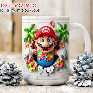 3D Mario Mug Wrap, Summer Mario Mug Png, 11oz 15oz Tasse, Mug Sublimation Design, Mug Wrap, 3D Mug, Png Instant Download
