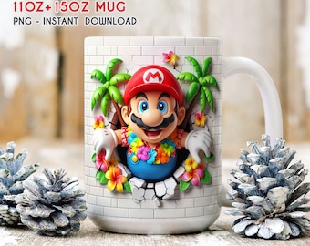 3D Mario Mug Wrap, Summer Mario Mug Png, Caneca 11oz 15oz, Design De Sublimação De Caneca, Wrap De Caneca, Caneca 3D, Png Download Instantâneo