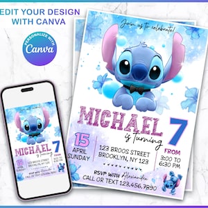 Stitch Birthday Party Invitation Template | Editable Cartoon Bday Evite & Fun Canva Design for Kids Party, Instant Download