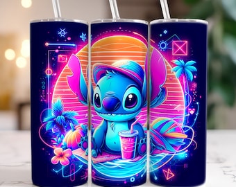 Stitch Neon Light 20oz Skinny Tumbler Wrap, Stitch 20oz Tumbler, Cartoon Movie Tumbler Wrap, Tumbler Sublimation, Png Download