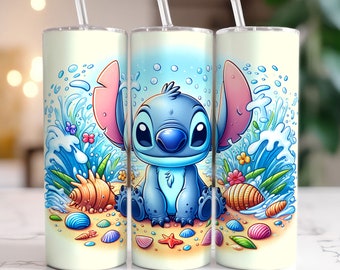May include: Three stainless steel tumblers with a white background and a blue cartoon character of Stitch from Lilo & Stitch. The character is sitting on a beach with seashells and waves.