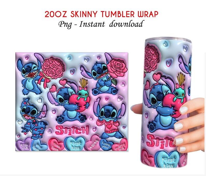 3D Inflated Stitch Valentine Tumbler, 20oz Skinny Tumbler, 3D Puffy Valentine Tumbler, Stitch Valentine Tumbler, Tumbler Png,Insant Download image 3