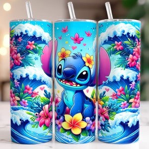 May include: A blue and white tumbler with a tropical floral design and a cartoon Stitch character. The tumbler has a straw and a lid.