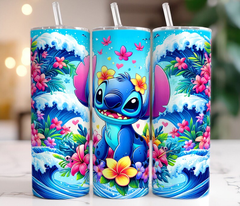 May include: A blue and white tumbler with a tropical floral design and a cartoon Stitch character. The tumbler has a straw and a lid.
