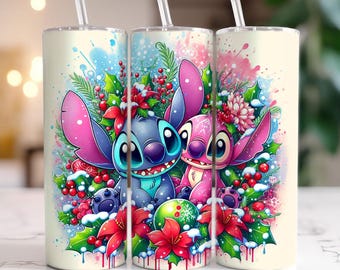 Kolorowy akwarelowy Stitch Lilo Christmas Tumbler Wrap, 20oz Skinny Tumbler, Stitch Christmas Tumbler Wrap, Tumbler Wrap Png Pobierz