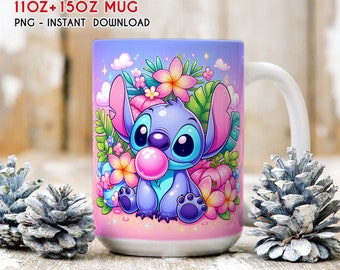 Leuke Stitch Floral Mug Wrap, Floral Mug Wrap, 11oz 15oz mok, mok sublimatie, hoge resolutie, digitale PNG downloaden