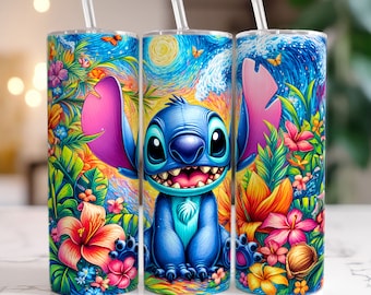Colorful  Stitch Floral Tumbler, 20oz Skinny Tumbler, Cartoon Spring Tumbler Wrap, Sublimation Tumbler, PNG Digital File