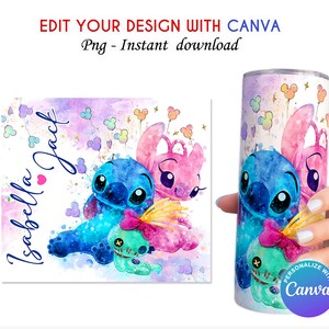 May include: A watercolor-style design featuring Stitch and Angel from Lilo & Stitch. The design is on a white background with a light purple and pink watercolor effect. The design includes the text "Isabella Jack" and a heart. The design is for a 20 oz tumbler.