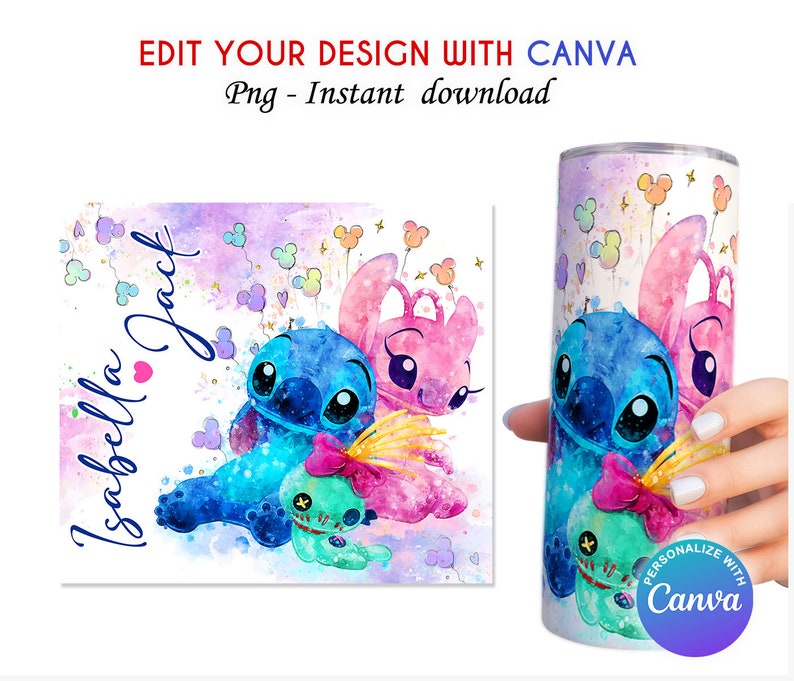 May include: A watercolor-style design featuring Stitch and Angel from Lilo & Stitch. The design is on a white background with a light purple and pink watercolor effect. The design includes the text "Isabella Jack" and a heart. The design is for a 20 oz tumbler.