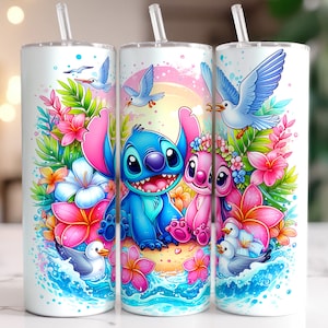 Vaso de verano Stitch Angel, vaso flaco de 20 oz, vaso de playa, vaso de dibujos animados, envoltura de vaso completo, descarga instantánea