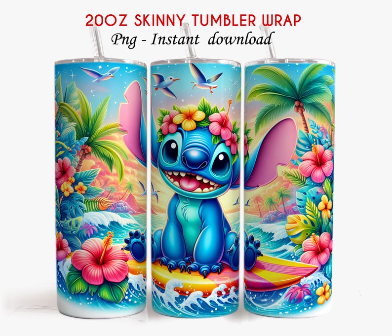 Stitch Summer 20oz Tumbler, 20oz Skinny Tumbler, Cartoon Tumbler Wrap, Beach Tumbler Sublimation, Full Tumbler Wrap, Tumbler Png zdjęcie 2