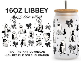 Ghosts with Cat Png, Cute Halloween Ghosts Can Glass Wrap, 16oz Libbey Can Glass,Cat Lover Ghost Png,Halloween Cat Mom PNG,Spooky Season PNG