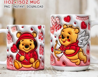 3D Inflated Pooh Valentine Mug Wrap, Puffy Valentine Mug, 11oz 15oz Mug Wrap, Mug Sublimation, Valentine Png, Puff Mug Png