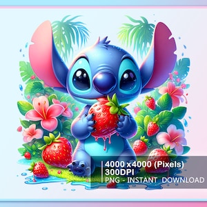 Adorable Stitch Floral Strawberries Watercolor Splash, Cartoon Graphics and Artwork, Rainbow Aesthetic, PNG Digital File Instant Download