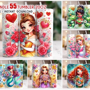 Bundle 55+ Princess Tumbler Wrap png, 20oz Skinny Princess Tumbler, Cartoon Princess floral Tumbler, Princess Bundle Png,Bundle Tumbler Wrap