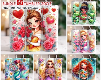 Paquete 55+ Princess Tumbler Wrap png, Vaso de princesa flaco de 20 oz, Vaso floral de princesa de dibujos animados, Paquete de princesa Png, Envoltura de vaso de paquete