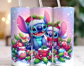 Vaso navideño Stitch Angel Santa PNG, vaso delgado de 20 oz, envoltura para vaso navideño, vaso PNG, descarga digital de sublimación navideña