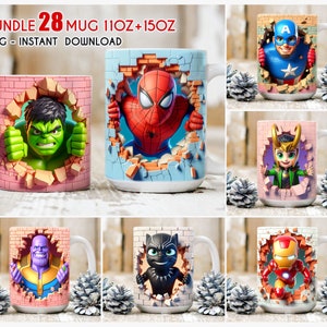 May include: A set of 28 different superhero-themed mugs. Each mug features a different superhero character breaking through a brick wall. The mugs are available in 11oz and 15oz sizes.  Bundle 28 Mug 11oz + 15oz PNG - Instant Download