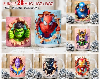 Paquete envoltura de taza de personaje de superhéroe 3D, envoltura de taza de 11 oz 15 oz, taza de Spiderman, sublimación de taza, taza de Vengadores, descarga instantánea png