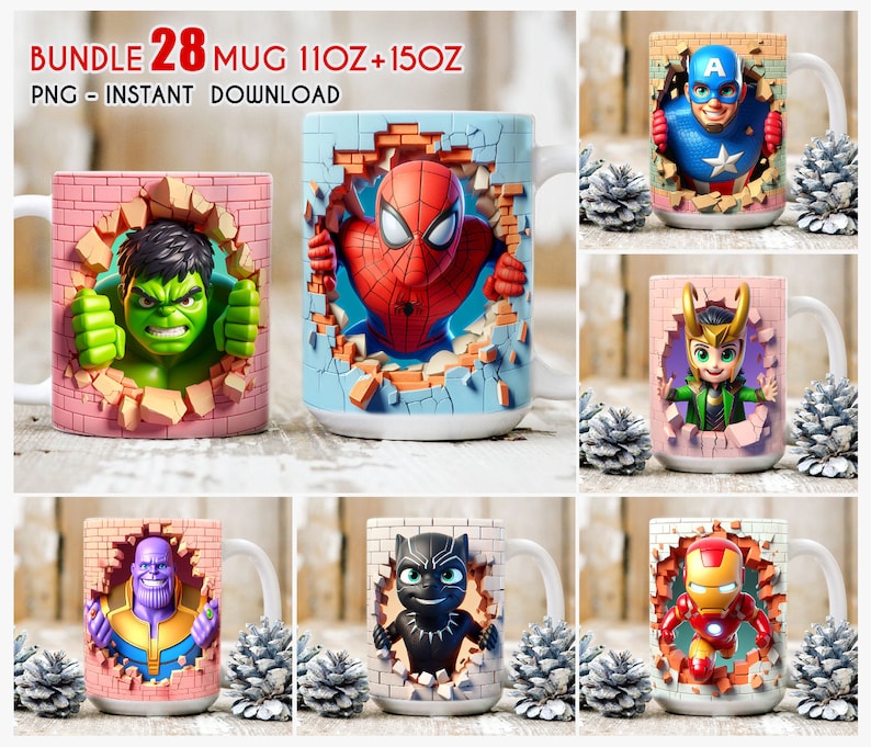 May include: A set of 28 different superhero-themed mugs. Each mug features a different superhero character breaking through a brick wall. The mugs are available in 11oz and 15oz sizes.  Bundle 28 Mug 11oz + 15oz PNG - Instant Download