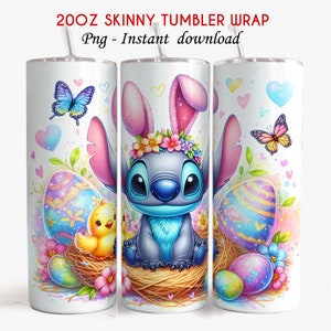 May include: A 20 oz skinny tumbler wrap featuring a blue Stitch character dressed as an Easter bunny with pink ears and a flower crown. Stitch is sitting in a nest with a yellow chick and colorful Easter eggs. The background is white with pink hearts and butterflies.