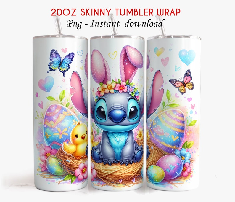 May include: A 20 oz skinny tumbler wrap featuring a blue Stitch character dressed as an Easter bunny with pink ears and a flower crown. Stitch is sitting in a nest with a yellow chick and colorful Easter eggs. The background is white with pink hearts and butterflies.
