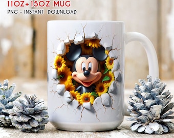 Emballage de tasse de printemps floral de souris de dessin animé mignon 3D, emballage de tasse de 11 oz 15 oz, sublimation de tasse 3D, emballage de tasse PNG, téléchargement immédiat de PNG de tasse 3D