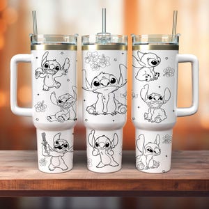 May include: Three white stainless steel tumblers with a black outline of Stitch from Lilo & Stitch. Each tumbler has a different Stitch pose and features a straw and a handle.