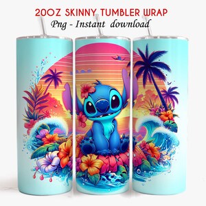 May include: A 20oz skinny tumbler wrap featuring a cartoon character with a tropical design. The design includes a blue character, waves, flowers, palm trees, and a sunset background. The tumbler has a light blue background and a silver lid with a straw.