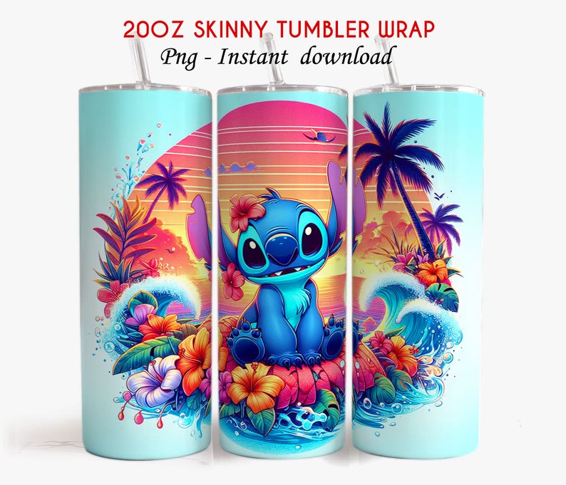 May include: A 20oz skinny tumbler wrap featuring a cartoon character with a tropical design. The design includes a blue character, waves, flowers, palm trees, and a sunset background. The tumbler has a light blue background and a silver lid with a straw.