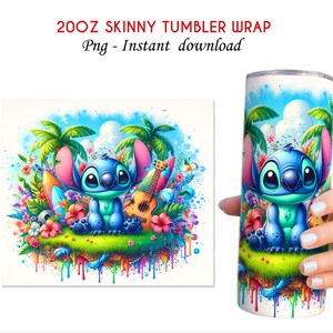 May include: A 20oz skinny tumbler wrap featuring a blue Stitch character from Lilo & Stitch sitting on a green patch of grass surrounded by colourful flowers, palm trees, and surfboards. The background is a blue sky with white clouds and a colourful paint splatter effect.
