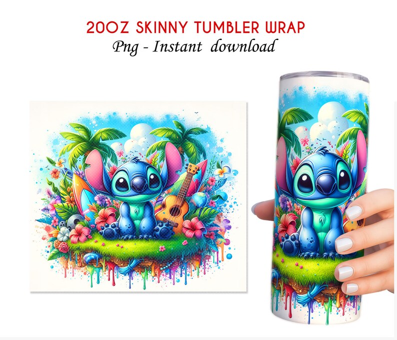 May include: A 20oz skinny tumbler wrap featuring a blue Stitch character from Lilo & Stitch sitting on a green patch of grass surrounded by colourful flowers, palm trees, and surfboards. The background is a blue sky with white clouds and a colourful paint splatter effect.