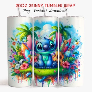 May include: A 20oz skinny tumbler wrap featuring a blue Stitch character from Lilo & Stitch sitting on a tropical island with palm trees, surfboards, flowers, and a ukulele. The background is a white canvas with colourful paint splatters.