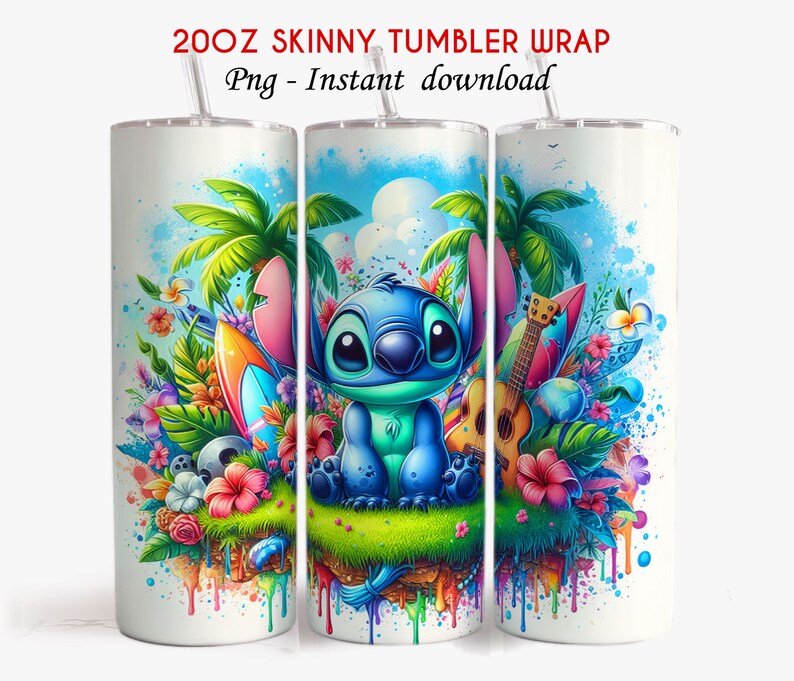 May include: A 20oz skinny tumbler wrap featuring a blue Stitch character from Lilo & Stitch sitting on a tropical island with palm trees, surfboards, flowers, and a ukulele. The background is a white canvas with colourful paint splatters.