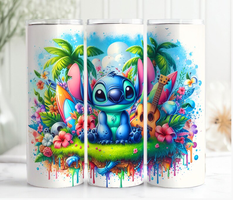 May include: A white tumbler with a colourful design featuring Stitch from Lilo & Stitch. The design includes a surfboard, a ukulele, tropical flowers, and palm trees. The background is a blue sky with white clouds.
