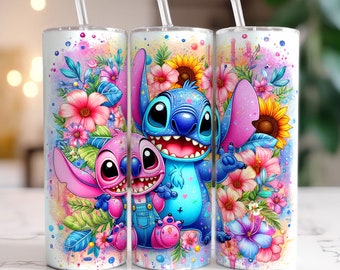 Sparkle Glitter Stitch Angel Floral Tumbler Wrap Png, 20 oz Skinny Tumbler Sublimation Design, Stitch Lilo Tumbler Wrap, Floral Tumbler PNG