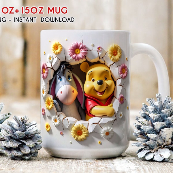 3D Cartoon Spring Mug Wrap, 11oz 15oz Mug Wrap, Cartoon Mug Sublimation, 3D Mug Wrap, Pooh Bear Mug Wrap, Spring Mug Gift, Digital Download