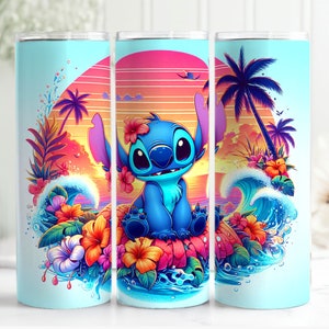 May include: A blue tumbler featuring a cartoon character, surrounded by tropical flowers, waves, and palm trees. The design includes a sunset backdrop with vibrant colors. The tumbler is cylindrical and likely made of stainless steel.