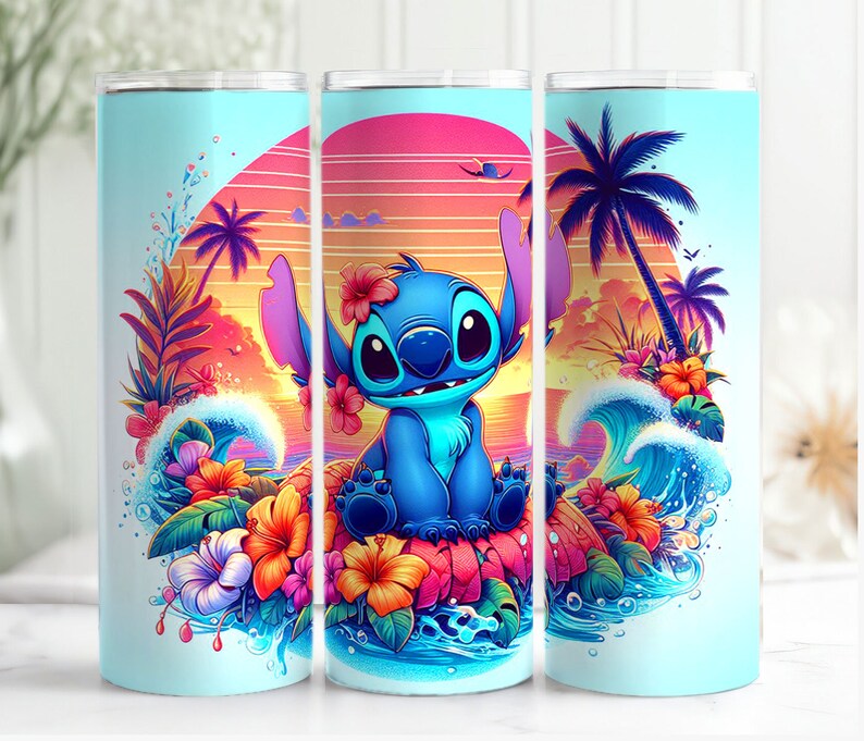 May include: A blue tumbler featuring a cartoon character, surrounded by tropical flowers, waves, and palm trees. The design includes a sunset backdrop with vibrant colors. The tumbler is cylindrical and likely made of stainless steel.