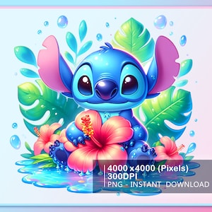 Stitch Hibiscus Floral Acuarela Splash Png, Gráficos de dibujos animados y obras de arte, Estética del arco iris, Descarga instantánea de archivos digitales PNG