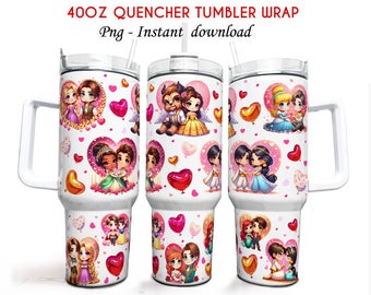 Pareja de dibujos animados San Valentín envoltura de 40 oz, Vaso Quencher de 40 oz, Vaso de pareja princesa, Personaje princesa 40 oz, Sublimación de envoltura de vaso PNG