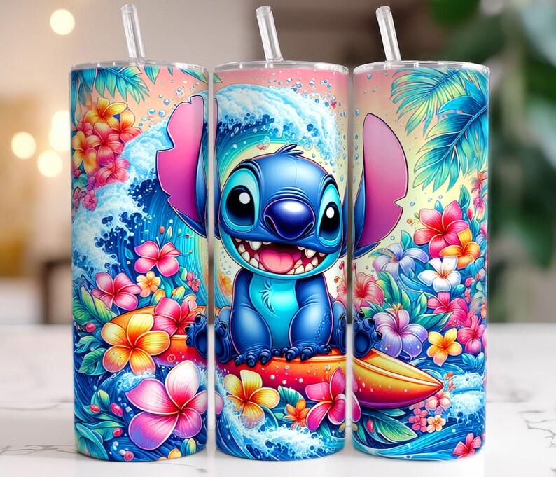 May include: A blue and white Stitch character from Lilo & Stitch is riding a surfboard on a wave with pink, yellow, and blue tropical flowers. The image is on a tumbler with a pink lid and a straw.