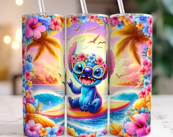Stitch Floral Summer Tumbler Wrap, 20oz Skinny Tumbler, Summer Full Tumbler Wrap, Beach Vibes Tumbler, Png Instant Download