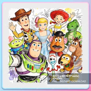 Pode incluir: Ilustra&ccedil;&atilde;o em aquarela com personagens de Toy Story. Woody, Buzz Lightyear, Bo Peep, Jessie, Sr. Batata, Rex, Slinky Dog e outros s&atilde;o retratados com cores vibrantes e um estilo fantasioso. A imagem inclui texto: 4000 x 4000 (Pixels) 300DPI PNG - DOWNLOAD INSTANT&Acirc;NEO.