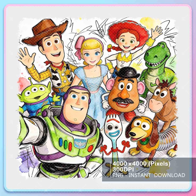 Pode incluir: Ilustra&ccedil;&atilde;o em aquarela com personagens de Toy Story. Woody, Buzz Lightyear, Bo Peep, Jessie, Sr. Batata, Rex, Slinky Dog e outros s&atilde;o retratados com cores vibrantes e um estilo fantasioso. A imagem inclui texto: 4000 x 4000 (Pixels) 300DPI PNG - DOWNLOAD INSTANT&Acirc;NEO.