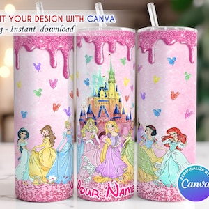 May include: Pink glitter tumbler with a dripping pink glaze design. The tumbler features a colourful illustration of Disney princesses in front of Cinderella's castle. The text "Your Name" is printed on the tumbler.  Personalise with Canva.