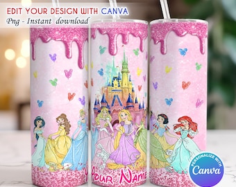 Personalisierter Prinzessinnen-Becher, 20 Unzen dünner Becher, benutzerdefinierter Mädchen-Becher Png, Prinzessinnen-Becher Wrap, Canva-Vorlage, bearbeitbares Canva-Design