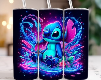 Stitch Neon Light Splash 20oz Skinny Tumbler Wrap, Stitch 20oz Tumbler, Cartoon Movie Tumbler Wrap, Tumbler Sublimation, Png Download