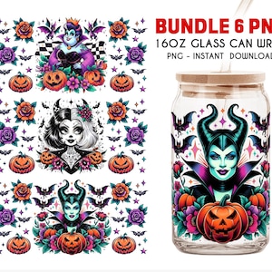May include: A glass can with a bamboo lid and straw, featuring a Halloween-themed design. The design includes a witch, pumpkins, bats, and roses. The words "BUNDLE 6 PNG" and "16OZ GLASS CAN WRAP" are also visible.
